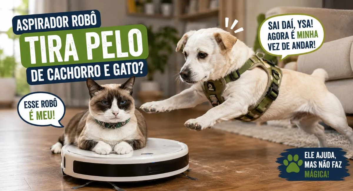 Aspirador robô tirando pelo de cachorro e gato