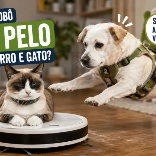 Aspirador robô tirando pelo de cachorro e gato