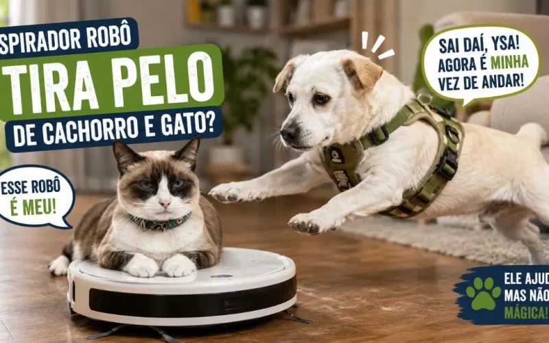Aspirador robô tirando pelo de cachorro e gato